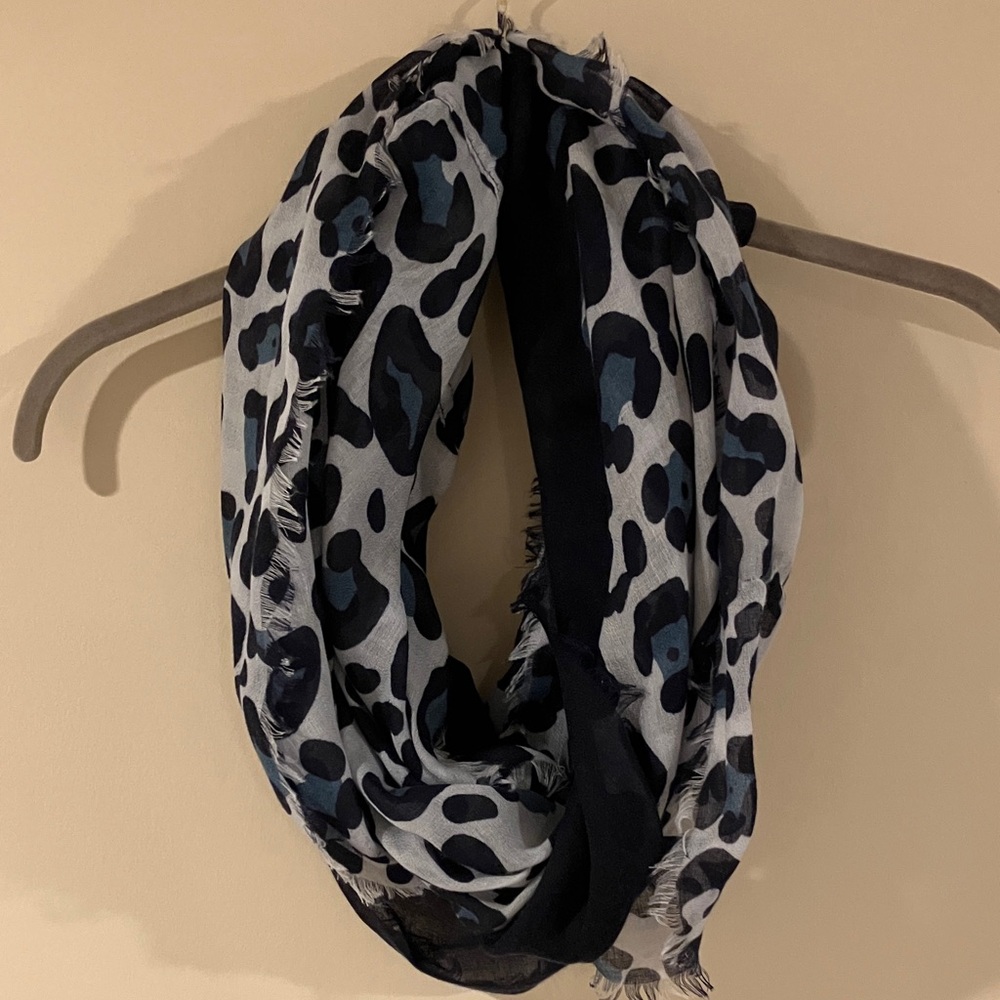 Stylish Navy Leopard Print Circle Infinity Scarf with Slight Fringe Detail